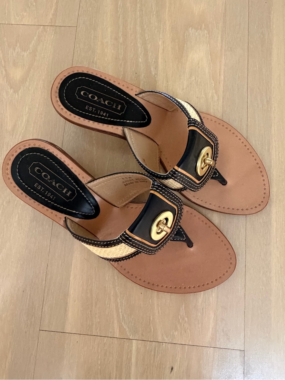Coach Black and Tan Leather Thong Sandals with Gold-Tone Accent